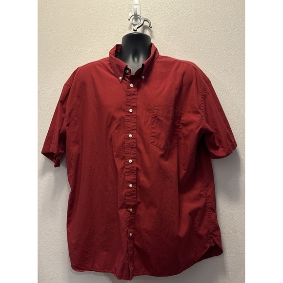VTG Tommy Hilfiger Men's Button Down Flag Logo Short Sleeve Shirt Red‎ 2XL - Picture 1 of 3